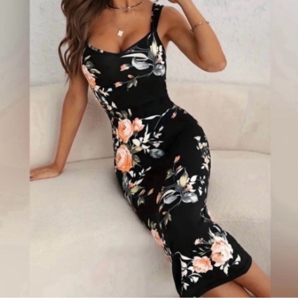 Floral Black Midi Dress